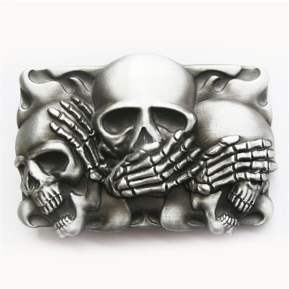 Men's Silver/black Imported Metal Zinc Alloy Vintage Style Shy Skull Belt Buckle - Picture 6 of 6